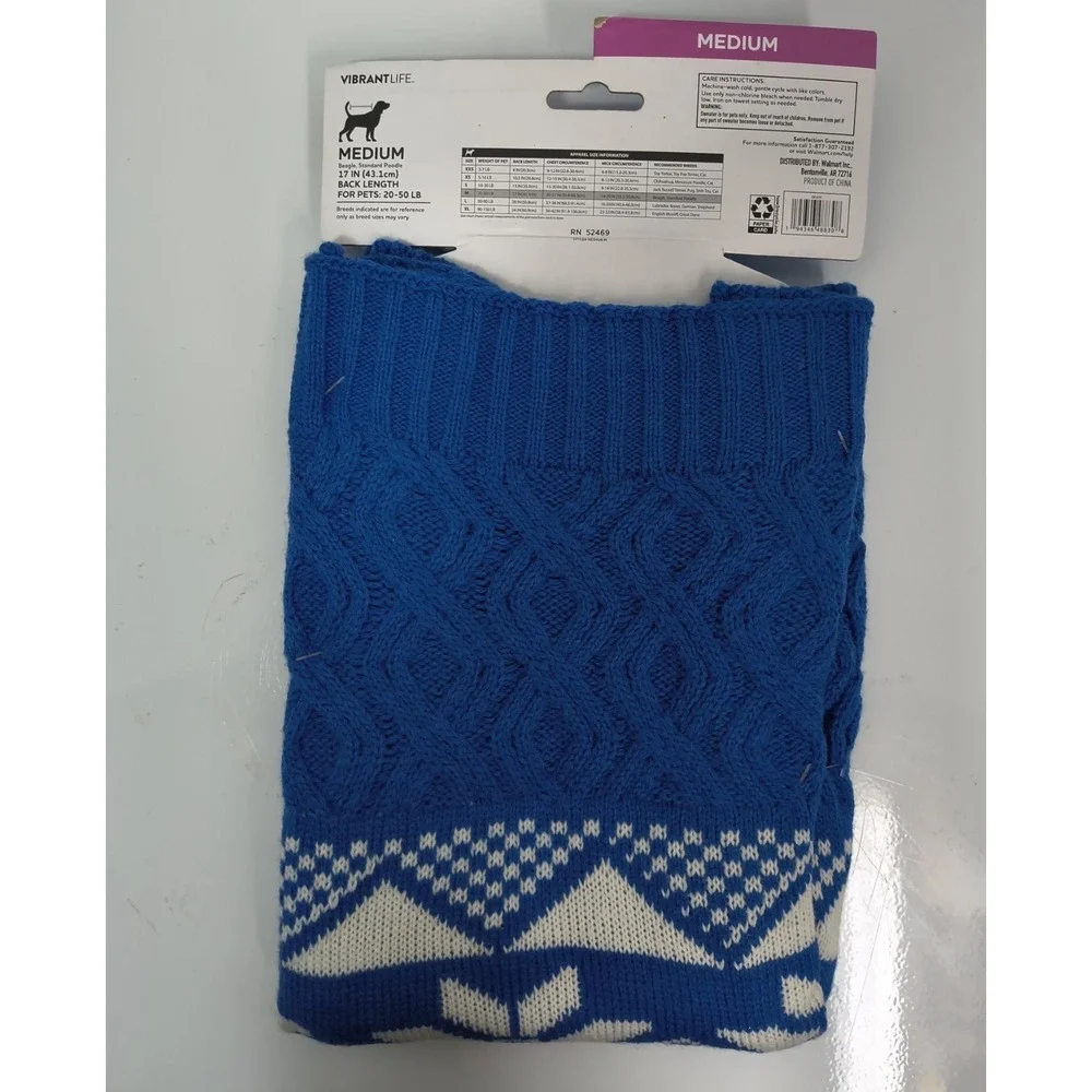 New Vibrant Life Dog Pet Sweater Sz M Blue Snowflakes Pattern Knit 17